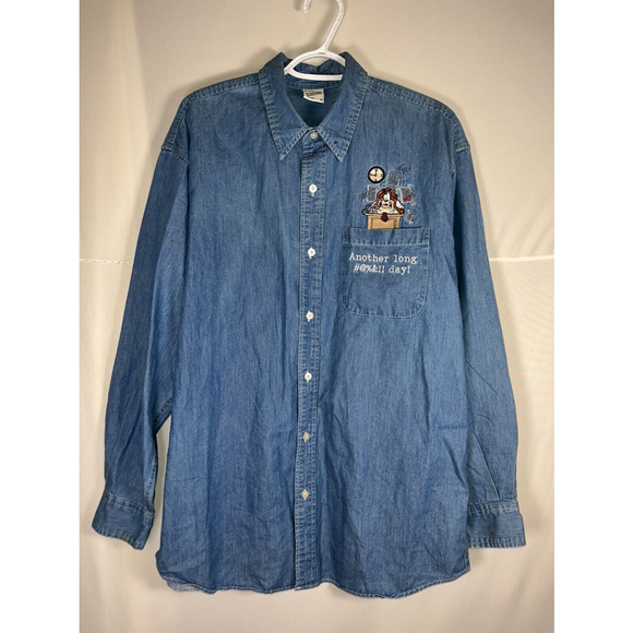 WARNER BROTHERS Tasmanian Devil Another Long #@%&!! Day! Denim Button Up Adult M - Picture 2 of 9